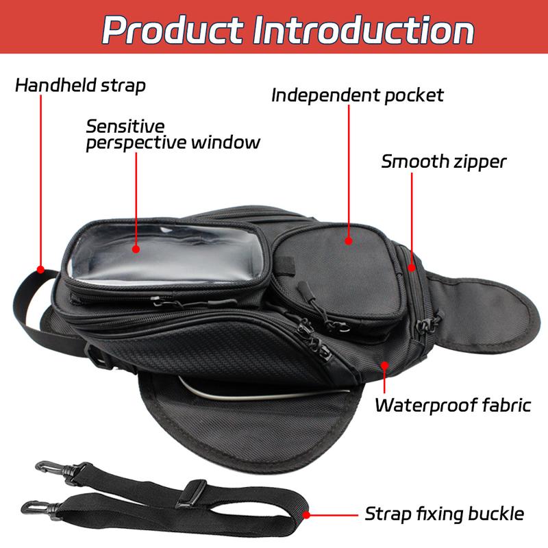 Motorcycle storage bag, waterproof nylon tarpaulin, mobile phone front frame, snug side frame, saddle bag, tool storage gear bag with shoulder straps, magnetic in