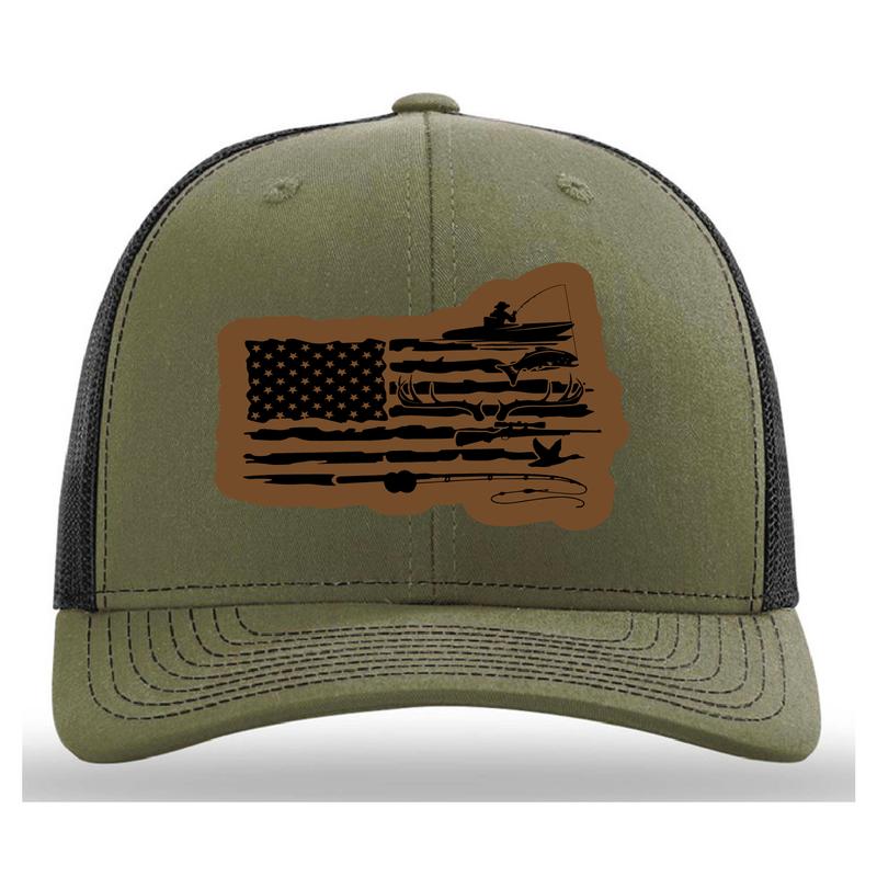 Hunting and Fishing Flag Leatherette Patch Hat, Hunting Flag Hat, Fishing Flag Hat, American Flag Hat, Cap Daddy, Loden Black