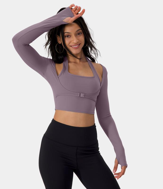 Halara Softlyzero️ plush Halter Thumb Hole Long Sleeve Cropped 2-in-1 Yoga Sports Top