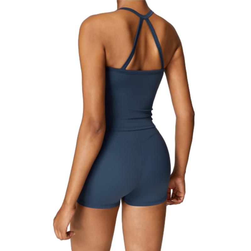 Women's Athletic Set: High Stretch Nylon Backless Tank Top & High-Waist Running Shorts - Stretchy, Skinny Short Activewear Cami Top High Waist