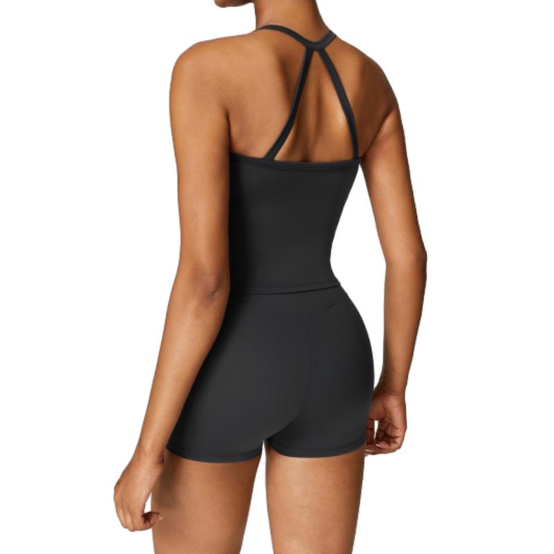 Women's Athletic Set: High Stretch Nylon Backless Tank Top & High-Waist Running Shorts - Stretchy, Skinny Short Activewear Cami Top High Waist