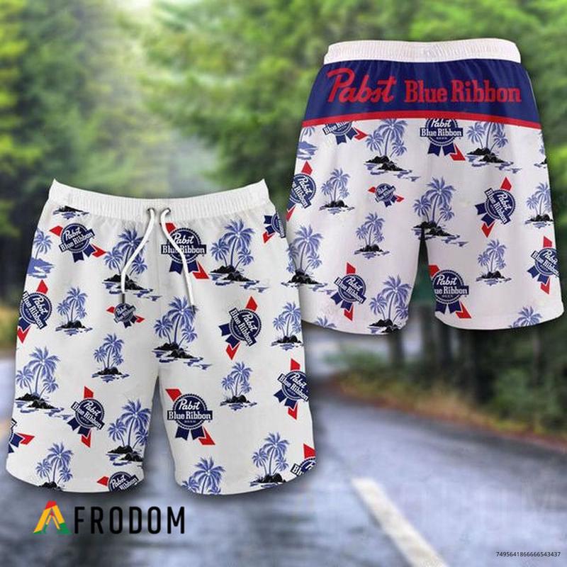 Tropical Palms Pabst Blue Ribbon Swim Trunks, Hawaiian Shorts For Men Dad Friend, Aloha Shirt, Trendy Gift For This Season PBR Swim Trunks