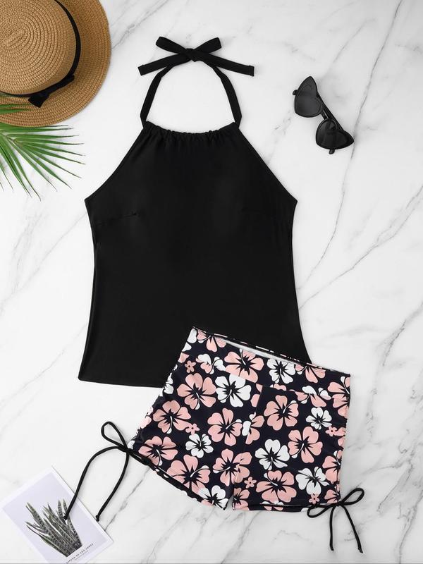  Two-Piece Set Ruched Backless Halter Swim Top & Floral Print Shorts Swimsuit Set, Back to School Sleeveless Drawstring Top & High Waist Shorts, Women's Swimsuit for Summer Beach Holiday Vacation