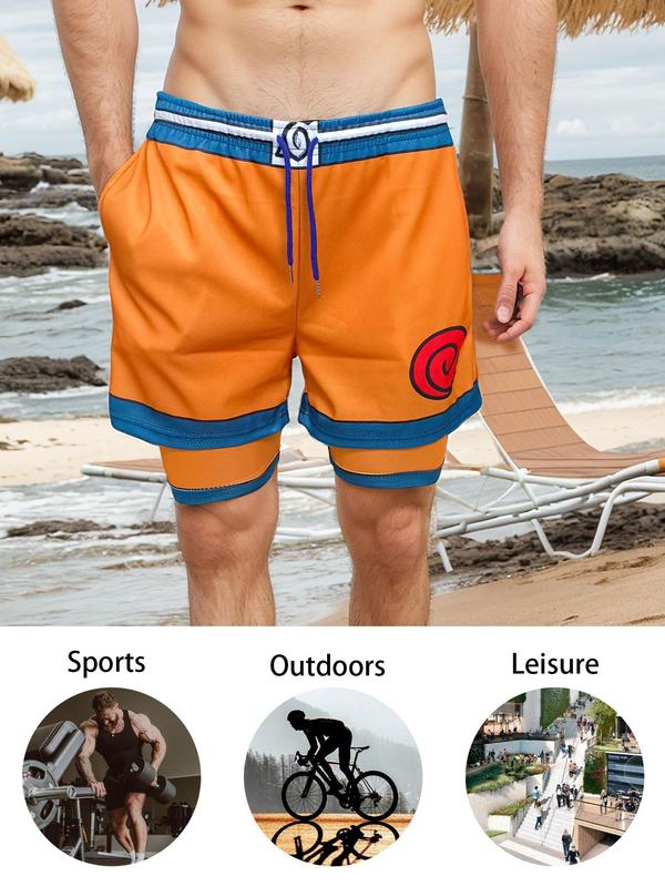 Men's 2 in 1 Contrast Binding Drawstring Waist Sports Shorts, Gym Shorts, Regular Fit Sporty Pocket Design Shorts for Summer, Men's Sport & Outdoor Clothing for Running, Gym Shorts, Workout Shorts