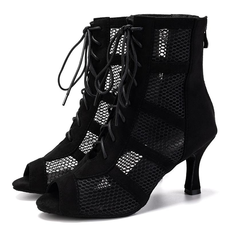 HROYL Latin Salsa Dance Shoes Lace-up Open Toe Ballroom Dance Heel Boots Women,7.5cm heel dance  heels dance heels