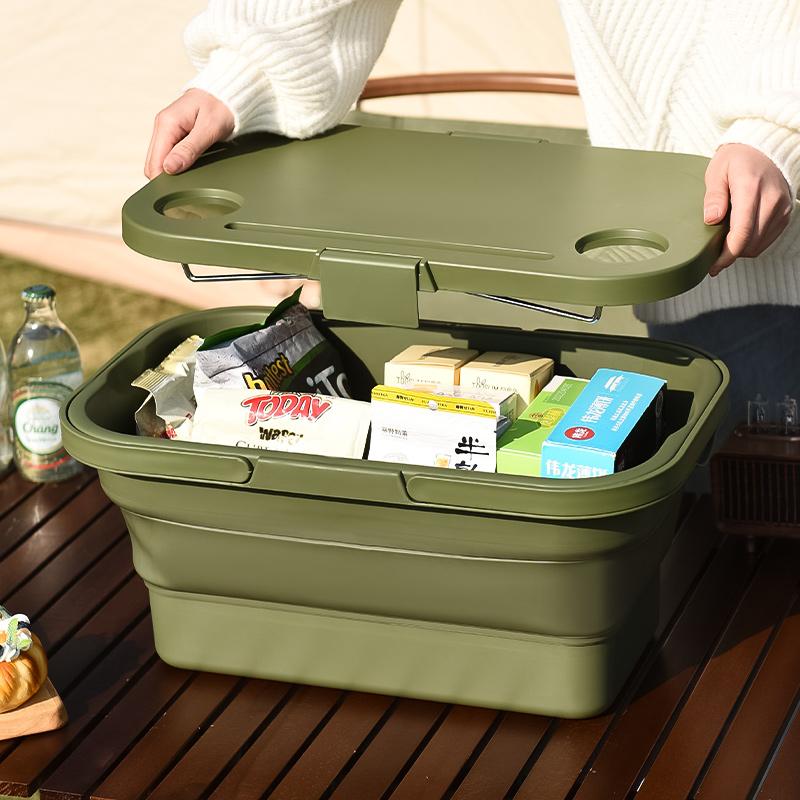 Outdoor picnic basket Camping folding portable storage basket with cover cookout with small table multifunctional waterproof picnic box picnic bucket camping