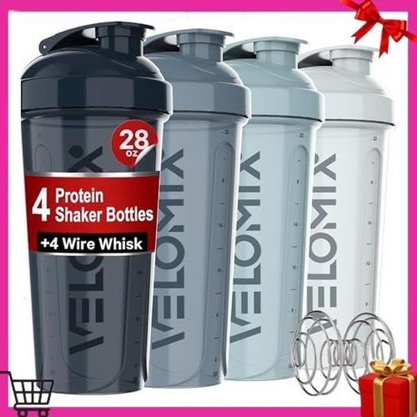 -4 PACK- 28 oz Shaker Cups for Protein Shakes - 4x Wire Whisk | Leak Proof Protein Shaker Bottles for Protein Mixes | Protein Shaker Bottle Pack | Mixer for Protein Shakes