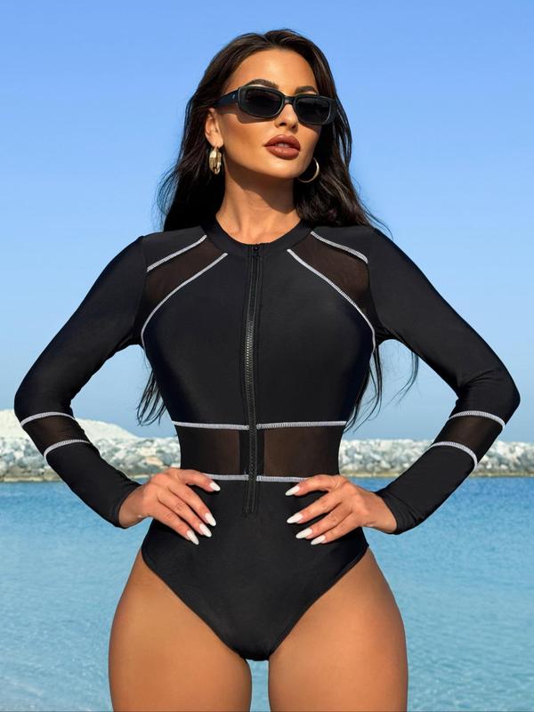 Women's Contrast Mesh Sheer Long Sleeve Zipper Design One-piece Swimsuit, Contrast Binding Swimwear, Summer, Bathing Suits 2024 for Tummy Control