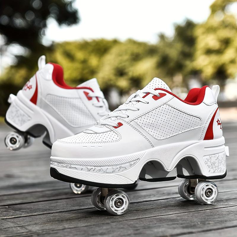 Yousulun Deformation Roller Skate Shoes, White Red Rollerskates with 4 Retractable Wheels, Roller Skates for Men and Women, 2-in-1 Shoes for Outdoor Sport, Comfortable Sneakers, Unique Gift