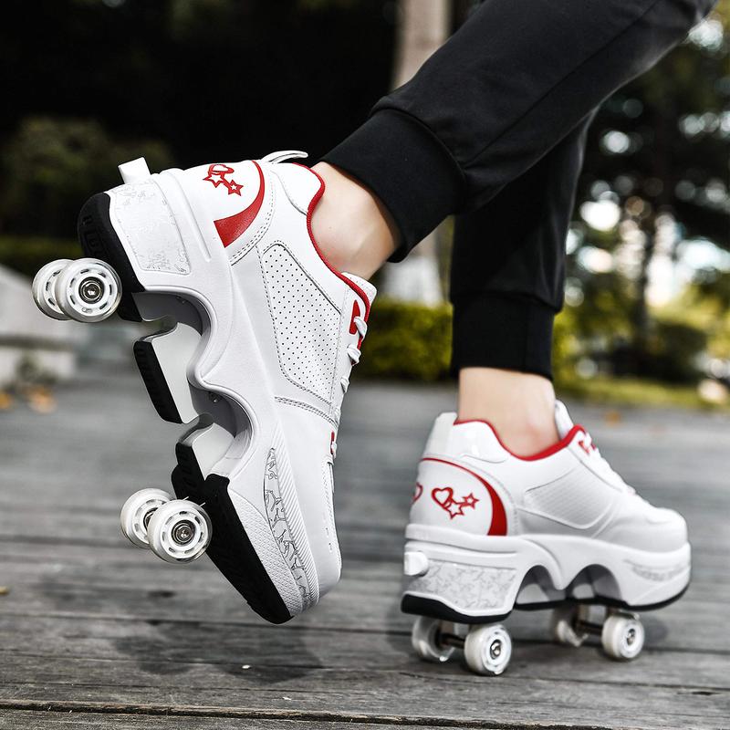 Yousulun Deformation Roller Skate Shoes, White Red Rollerskates with 4 Retractable Wheels, Roller Skates for Men and Women, 2-in-1 Shoes for Outdoor Sport, Comfortable Sneakers, Unique Gift