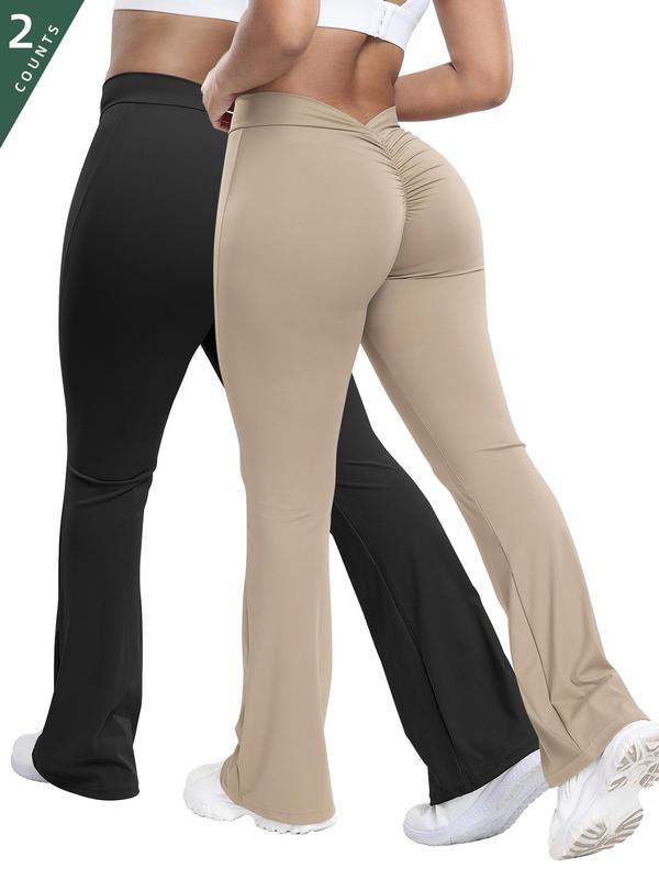 Women's Solid High Waist Ruched Flare Leg Sports Leggings, Casual Comfy Bell Bottom Trousers for Yoga Gym Workout, Ladies Sportswear for All Seasons