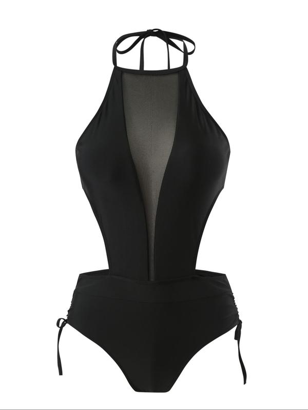 Women's Solid Cut Out Drawstring Knot Back Contrast Mesh One-piece Swimsuit, Casual Halter Neck Tie Back Swimwear for Summer, Fashion Women's Swimsuit for Beach Holiday