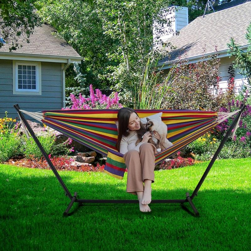 Double Hammock w Stand, 2-people Hammock & Stand Set w Storage Bag & Carrying Bag, Outdoor Indoor Heavy-duty Portable Hammock, 450LB Capacity - Rainbow Stripe