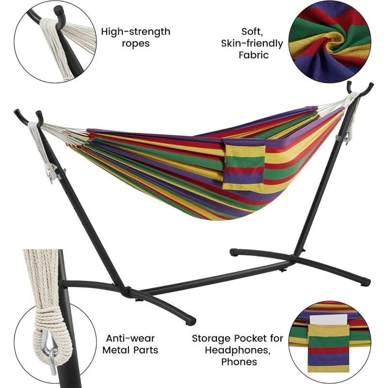 Double Hammock w Stand, 2-people Hammock & Stand Set w Storage Bag & Carrying Bag, Outdoor Indoor Heavy-duty Portable Hammock, 450LB Capacity - Rainbow Stripe