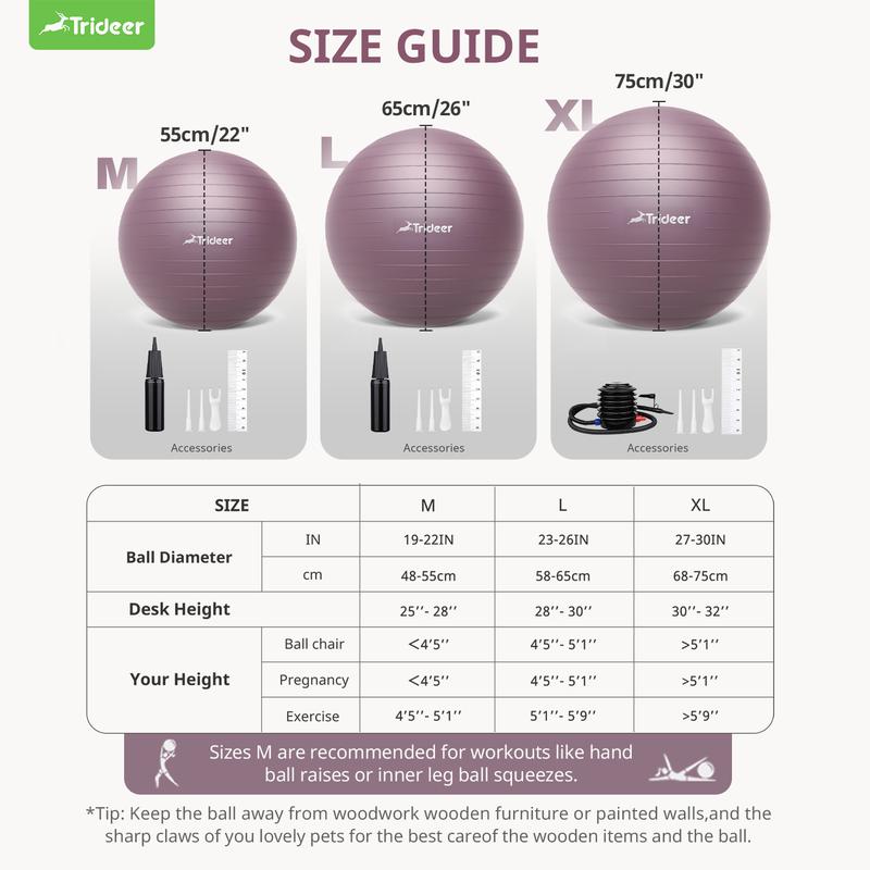 Trideer Yoga Ball - Exercise Ball for Workout pilates Stability - Anti-Burst and Slip Resistant for physical therapy, Birthing, Stretching & Core Workout, Office Ball Chair, Flexible Seating, Home Gym