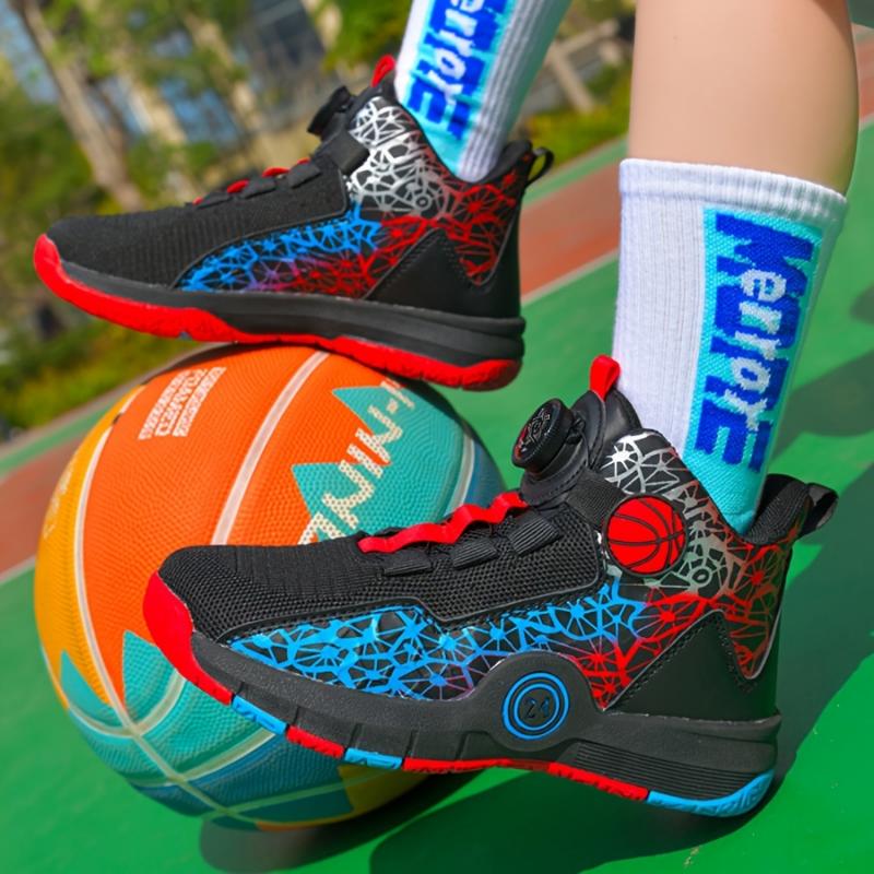 Youngsters' All-Season Basketball Sneakers with Rotating Buckle - Breathable Mesh, Non-Slip Rubber Sole for Boys & Girls