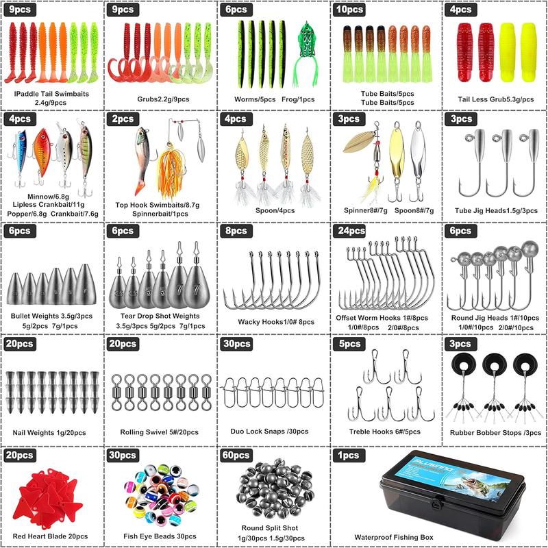 292pack Fishing Accessories Kit, Tackle Box with Tackle Included, Fishing Hooks, Fishing Weights, Spinner Blade, Fishing Gear for Bass, Bluegill, Crappie