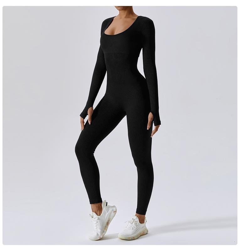 Women's Fitness Yoga Jumpsuit, Ribbed Long Sleeve Sport Overall, Stylish Sportswear for Fall & Spring.