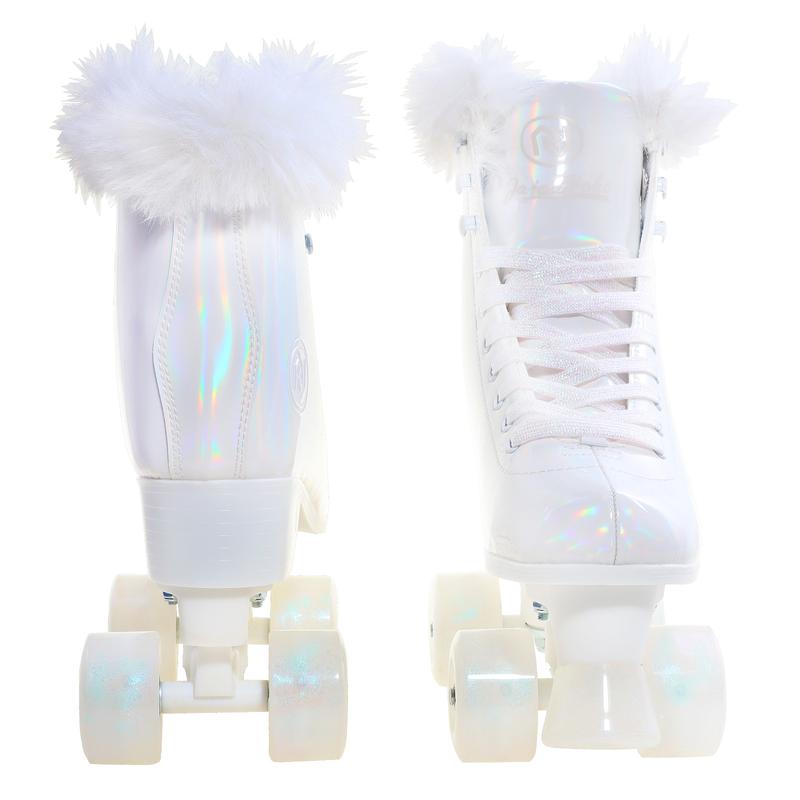 JajaHoho Roller Skates for Women, White Holographic High Top PU Leather Rollerskates, Shiny Double-Row Four Pearl Giltter Wheels Quad Skates for Girls and Age 8-50 Indoor Outdoor (White Swan)