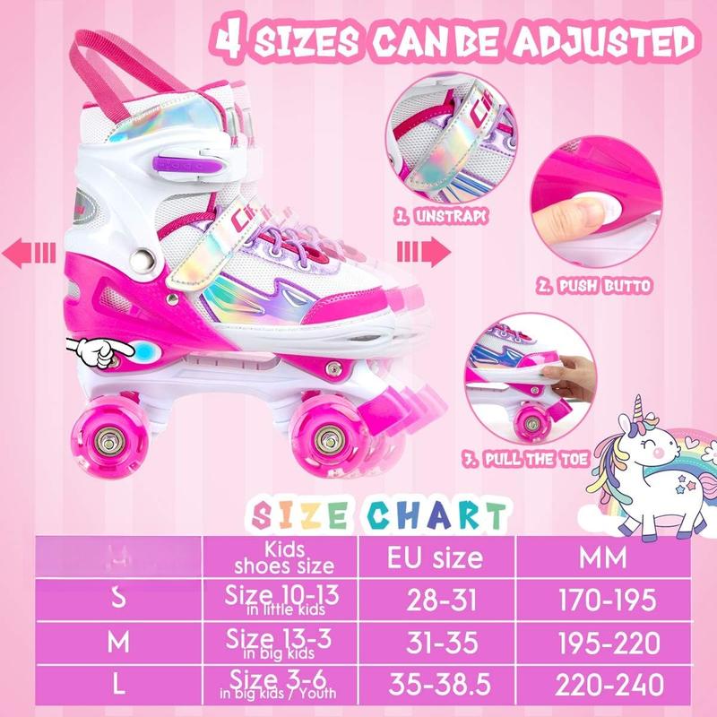 Roller Skates for Girls Boys , Black Pink 4 Sizes Adjustable  Roller Skates with Light up Wheels and Shining Upper Design, Roller Skates for   Ages 4-13