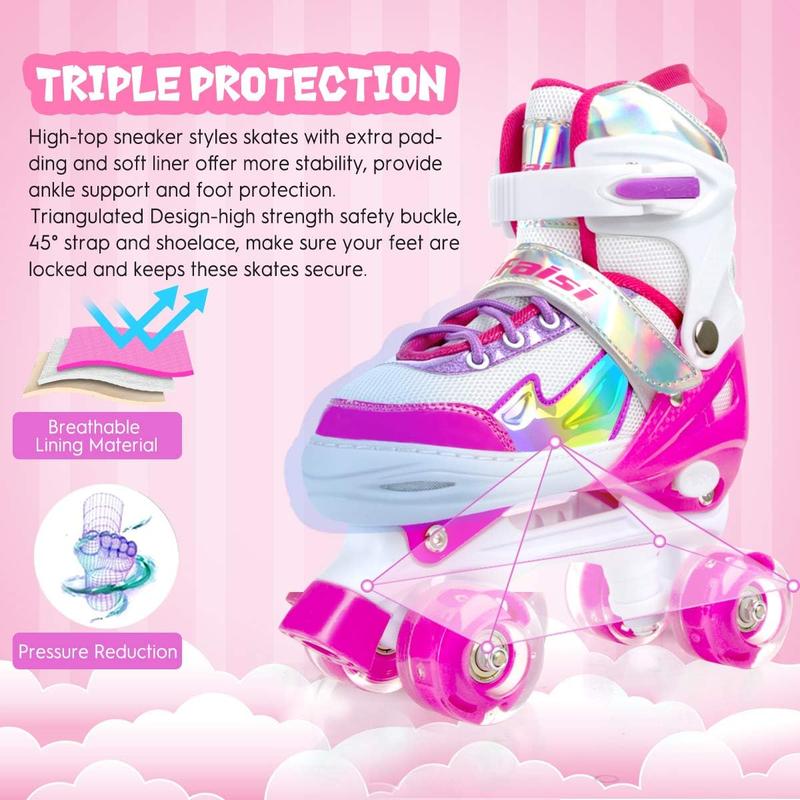 Roller Skates for Girls Boys , Black Pink 4 Sizes Adjustable  Roller Skates with Light up Wheels and Shining Upper Design, Roller Skates for   Ages 4-13