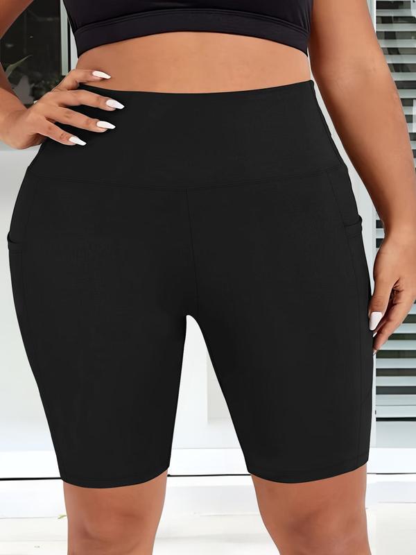 Plus Size Solid High Waist Pocket Short Legging, Casual Comfy High Stretch  Skinny Shorts for Daily Outdoor Sport, Women's Bottoms for Summer