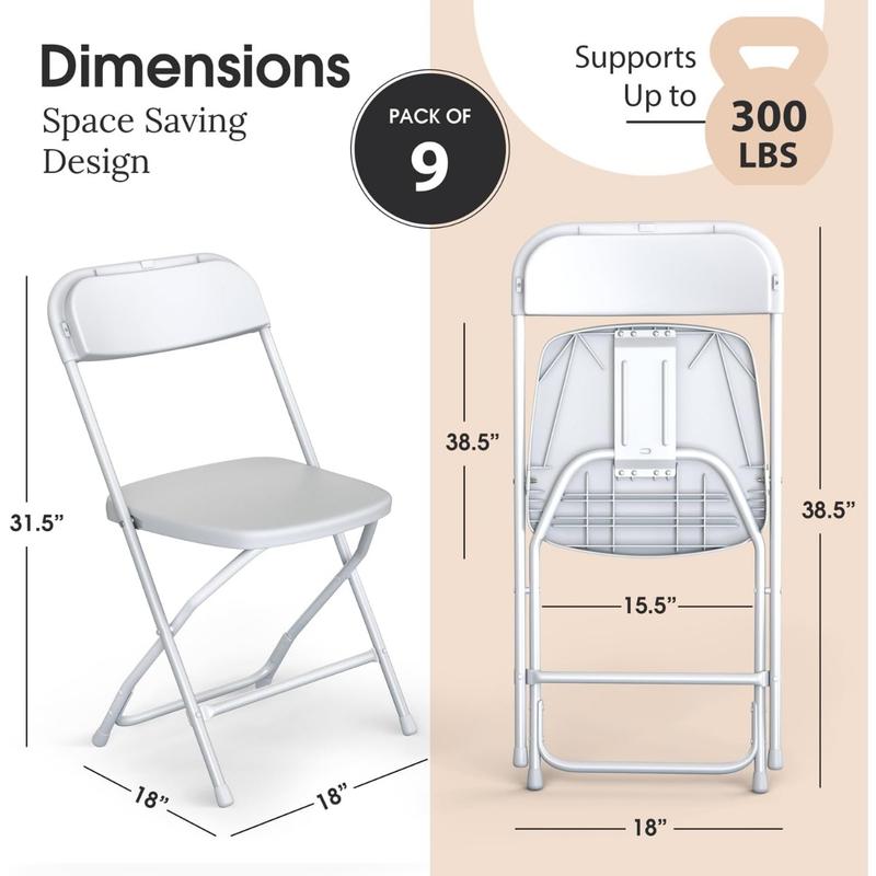 9 Pack White Plastic Chair | Foldable & Stackable | 300 lbs Capacity Steel Frame Seats for Indoor or Outdoor | Commercial Use Events Wedding Party Events Bulk Picnic Kitchen Dining