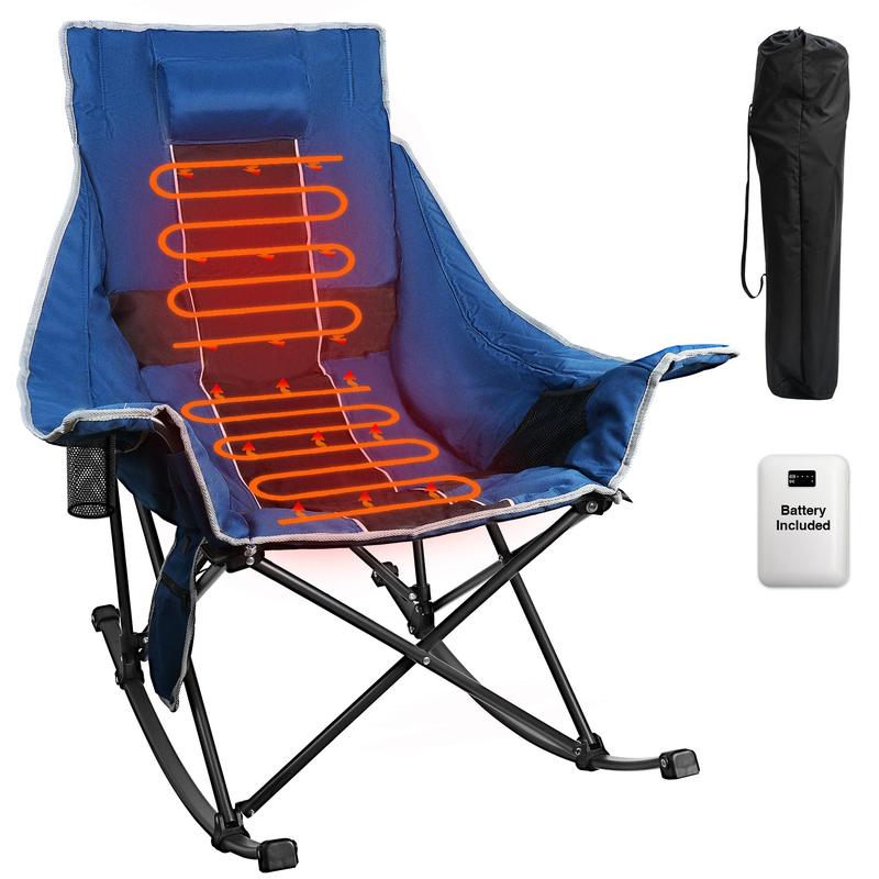 Oversized Rocking Camping Chair, XL Heated Camping Chair w  3 Levels Heat for Back+Seat, Padded Rocking Lawn Chair with 20000 mAh Power Bank, Pillow, Side Pocket, Carry Bag