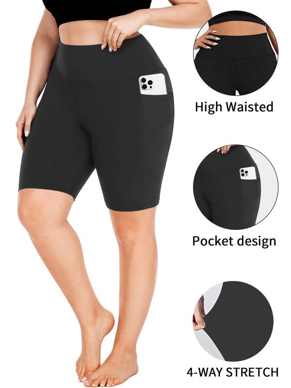 Plus Size Solid High Waist Pocket Short Legging, Casual Comfy High Stretch  Skinny Shorts for Daily Outdoor Sport, Women's Bottoms for Summer