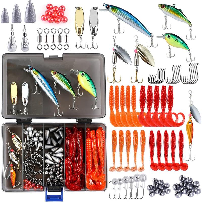 292pack Fishing Accessories Kit, Tackle Box with Tackle Included, Fishing Hooks, Fishing Weights, Spinner Blade, Fishing Gear for Bass, Bluegill, Crappie