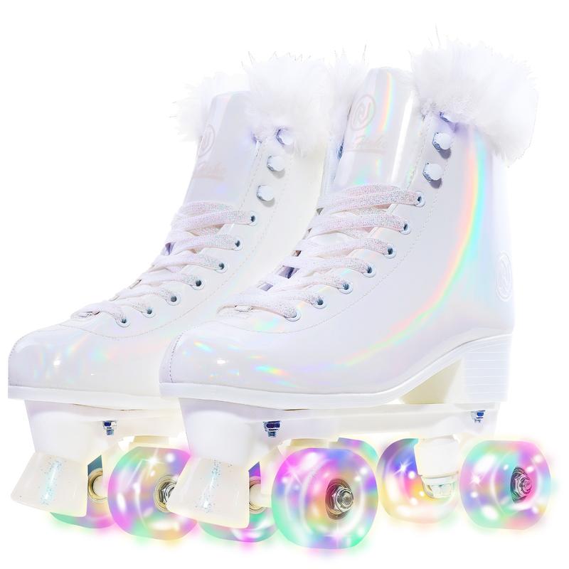 JajaHoho Roller Skates for Women, White Holographic High Top PU Leather Rollerskates, Shiny Double-Row Four Pearl Giltter Wheels Quad Skates for Girls and Age 8-50 Indoor Outdoor (White Swan)