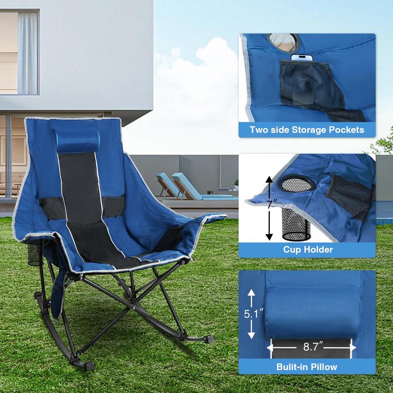 Oversized Rocking Camping Chair, XL Heated Camping Chair w  3 Levels Heat for Back+Seat, Padded Rocking Lawn Chair with 20000 mAh Power Bank, Pillow, Side Pocket, Carry Bag