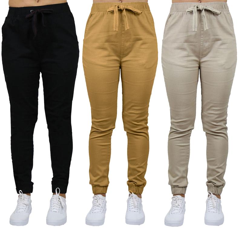 3-Pack Women's Loose Fit  Basic Stretch Twill Joggers