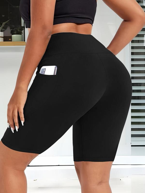 Plus Size Solid High Waist Pocket Short Legging, Casual Comfy High Stretch  Skinny Shorts for Daily Outdoor Sport, Women's Bottoms for Summer