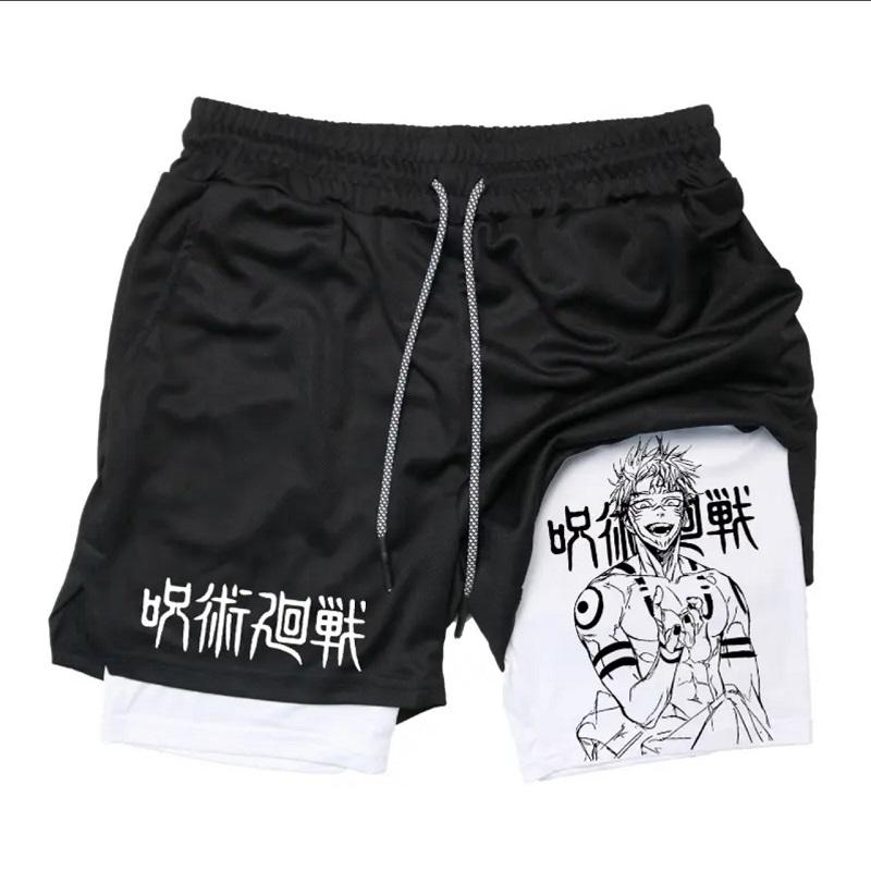 Men's Gym Workout Shorts Anime 2-in-1 Running Printed Shorts Sports Anime Print Short Men's Gym Workout Jogging Shorts Breathable Double Layer Shorts Anime Gym Shorts Men Performance Shorts Men Shorts Graphic Mens Gym Clothes