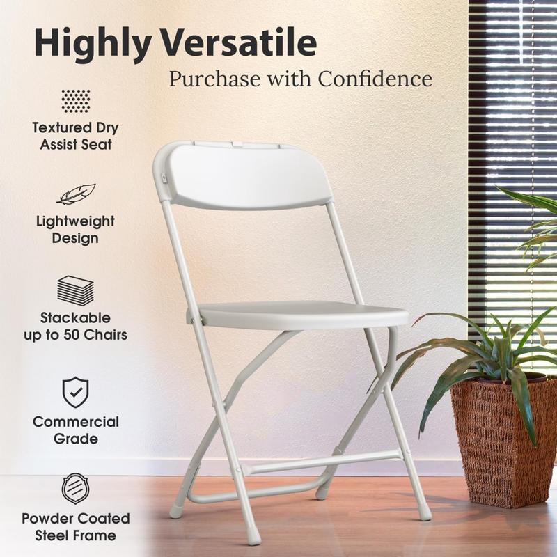 9 Pack White Plastic Chair | Foldable & Stackable | 300 lbs Capacity Steel Frame Seats for Indoor or Outdoor | Commercial Use Events Wedding Party Events Bulk Picnic Kitchen Dining