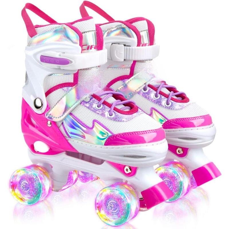 Roller Skates for Girls Boys , Black Pink 4 Sizes Adjustable  Roller Skates with Light up Wheels and Shining Upper Design, Roller Skates for   Ages 4-13