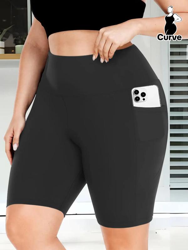 Plus Size Solid High Waist Pocket Short Legging, Casual Comfy High Stretch  Skinny Shorts for Daily Outdoor Sport, Women's Bottoms for Summer