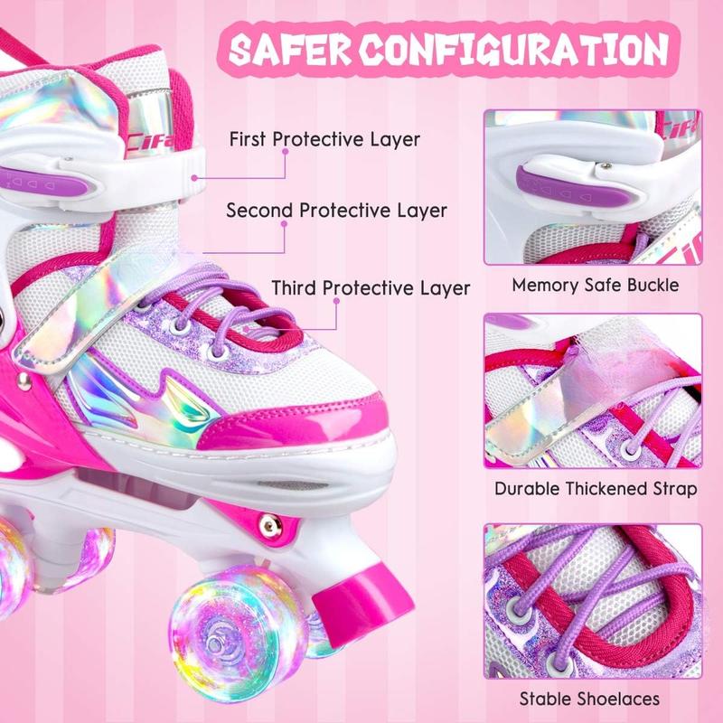 Roller Skates for Girls Boys , Black Pink 4 Sizes Adjustable  Roller Skates with Light up Wheels and Shining Upper Design, Roller Skates for   Ages 4-13