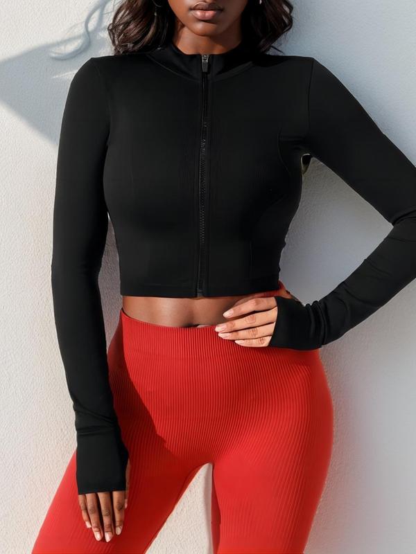 Women's Solid Zip Up Crop Sports Jacket, Long Sleeve Mock Neck Zip Front Outerwear For Workout Gym Exercise, Ladies Sportswear Clothing For All Seasons