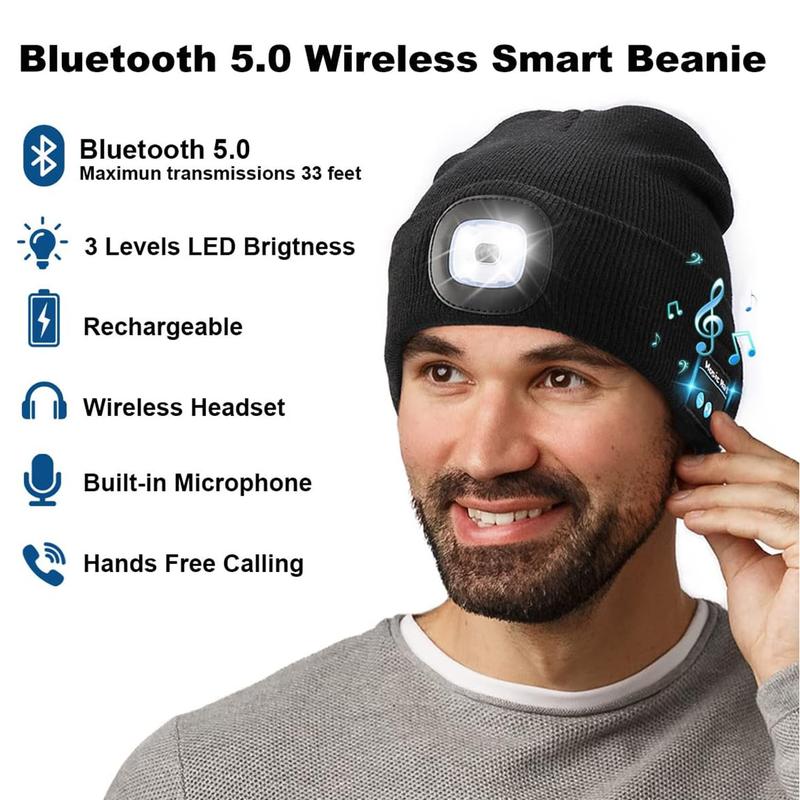 Beanie Bluetooth Cap With Light,USB Rechargeable LED Light Cap,Wireless Winter Warm Knitted Cap With Music Earphones For Night Walking, Fishing, Camping,And Hunting,Creative Gift For Christmas New Year