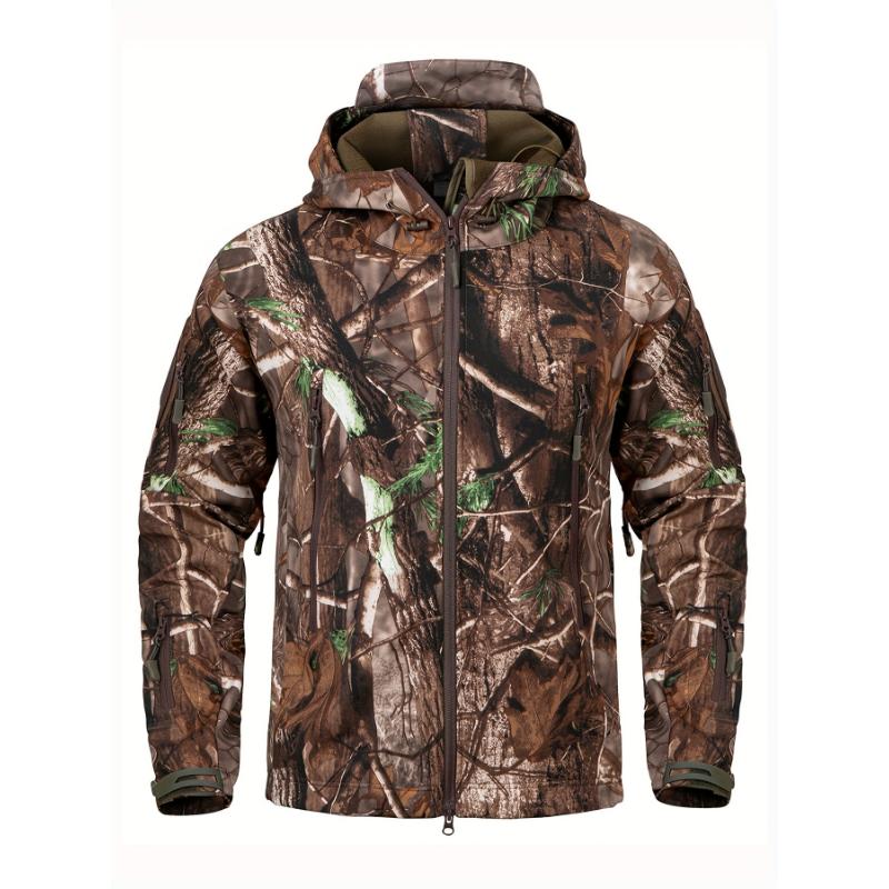 intensification 1pc Men'S Tactical Camouflage Hunting Jacket - Water-Resistant, Warm Fleece-Lined, Soft Shell Outdoor Hoodie Coat with Pockets, Zippered, Regular Fit, Polyester & Spandex, Winter Sports Gear