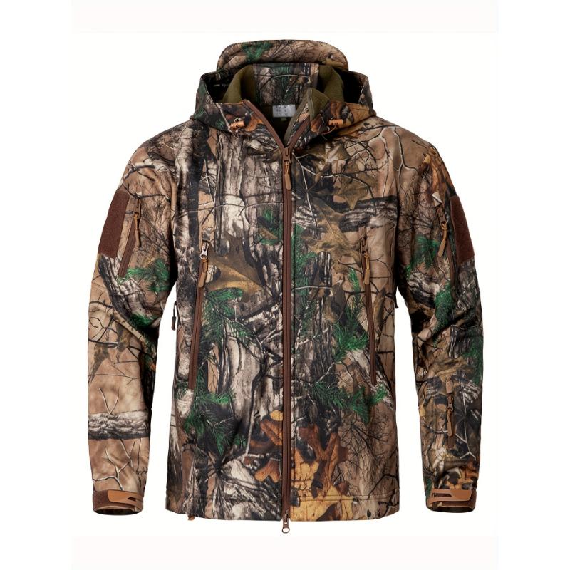 intensification 1pc Men'S Tactical Camouflage Hunting Jacket - Water-Resistant, Warm Fleece-Lined, Soft Shell Outdoor Hoodie Coat with Pockets, Zippered, Regular Fit, Polyester & Spandex, Winter Sports Gear