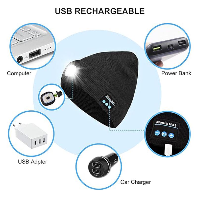 Beanie Bluetooth Cap With Light,USB Rechargeable LED Light Cap,Wireless Winter Warm Knitted Cap With Music Earphones For Night Walking, Fishing, Camping,And Hunting,Creative Gift For Christmas New Year