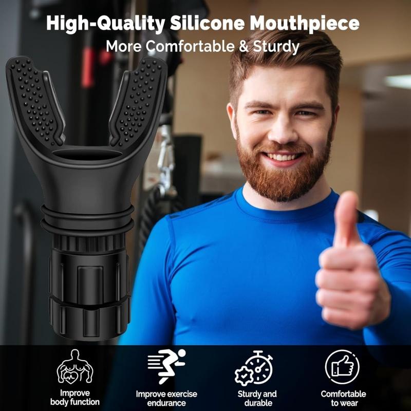 Portable Breathing Trainer, [New Upgrade] Adjustable Muscle Trainer with Soft Silicone for Intensive Breathing Exercises, Black