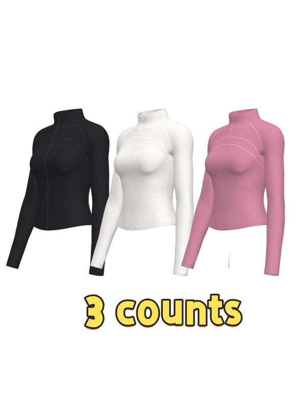 Women's Solid Zip Up Sports Jacket, Sporty Raglan Sleeve Stand Collar Outerwear for Gym Workout Running, Ladies Sportswear for All Seasons