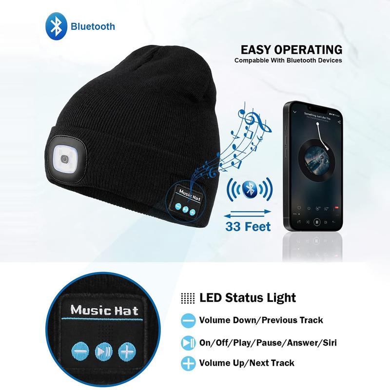 Beanie Bluetooth Cap With Light,USB Rechargeable LED Light Cap,Wireless Winter Warm Knitted Cap With Music Earphones For Night Walking, Fishing, Camping,And Hunting,Creative Gift For Christmas New Year