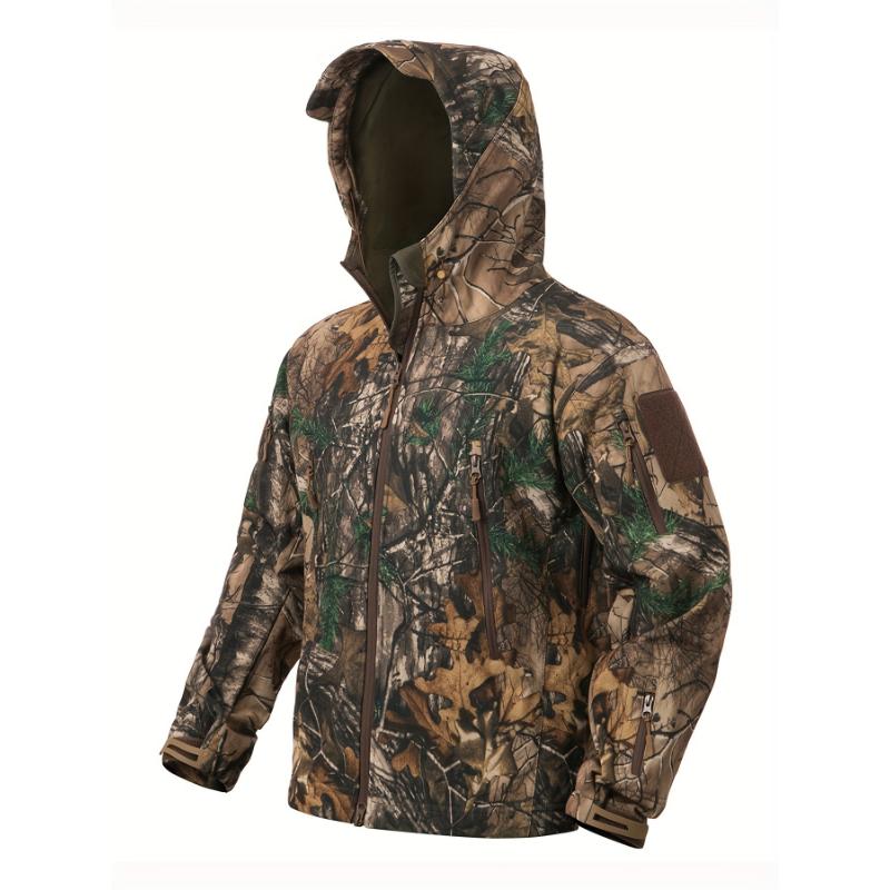 intensification 1pc Men'S Tactical Camouflage Hunting Jacket - Water-Resistant, Warm Fleece-Lined, Soft Shell Outdoor Hoodie Coat with Pockets, Zippered, Regular Fit, Polyester & Spandex, Winter Sports Gear