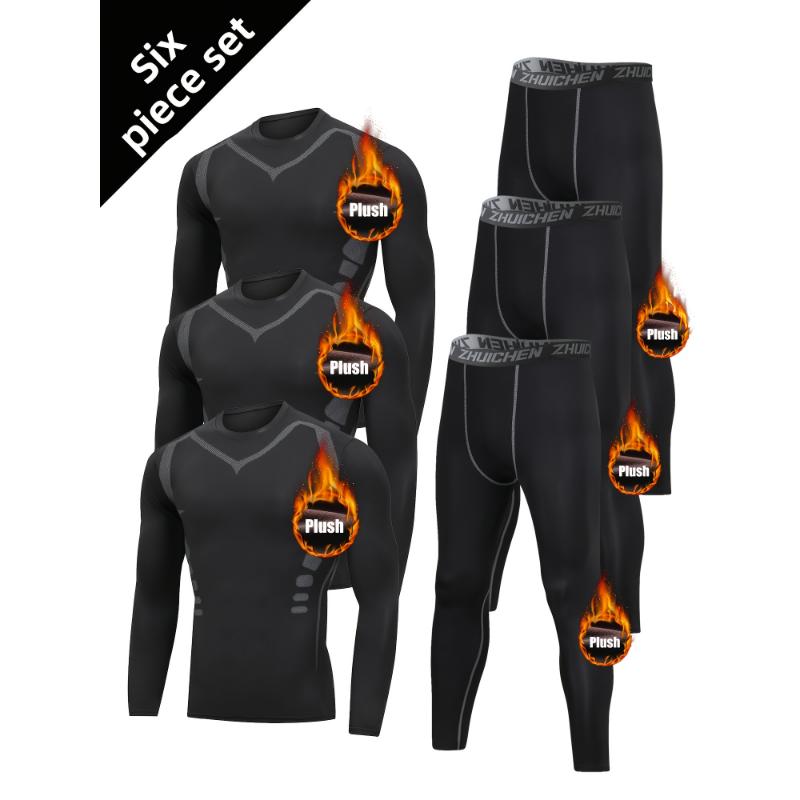 6pcs Men'S Polyester Fleece-Lined Compression Sports Suit Set, Crew Neck, Medium Stretch, Print, Skinny Fit, with Elastane for Running, Training, Hiking, Daily & Casual Wear, Fall Winter Season