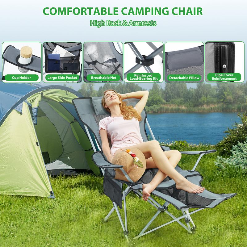 Reclining Camping Chair with Footrest & Headrest: Portable Lounge Chair Featuring Storage Bag & Cup Holder for Outdoor Adventures and Indoor Comfort